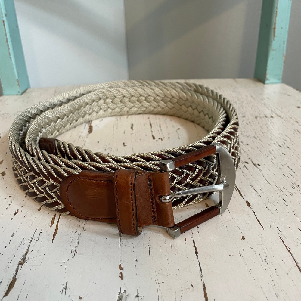 Mens Braided Woven Leather Belt Brown Tan Made in Spain Size 44 Preppy Golf